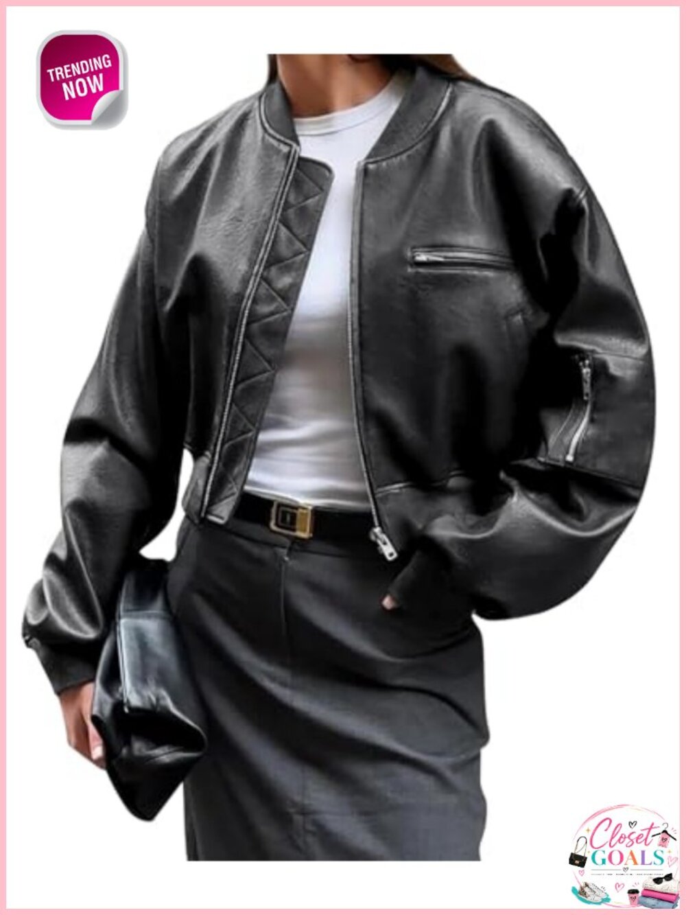 Faux Leather Bomber Jacket Cropped Biker Coat with Pockets